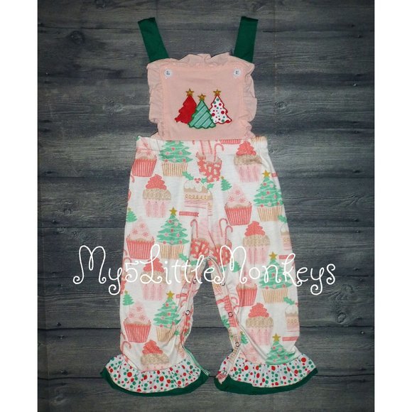 Other - Boutique Girls Pink Christmas Tree Romper Overalls Jumpsuit
